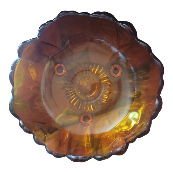 Vtg 60's Amber Glass Scalloped Footed Bowl Sunflower Colony by Indiana Glass Co - Picture 5 of 5